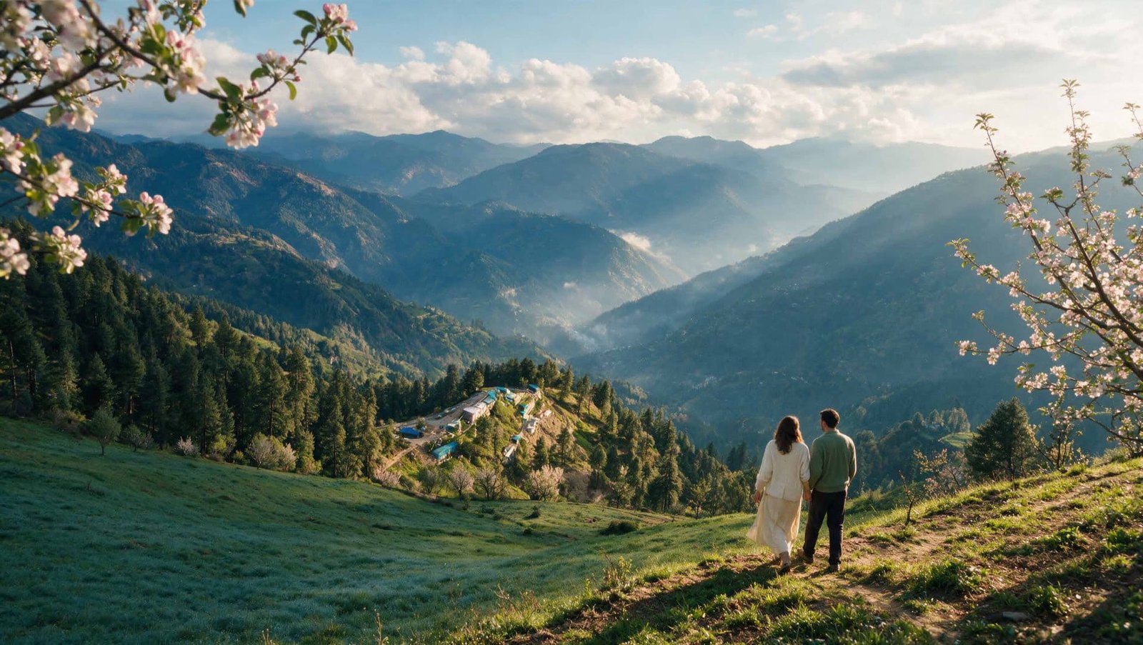 Couple overlooking Himalayan valley at Mashobra